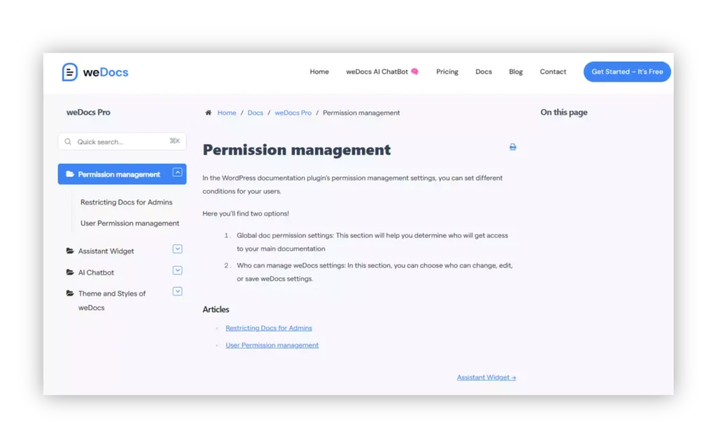 weDocs Documentation Page Style & Layout