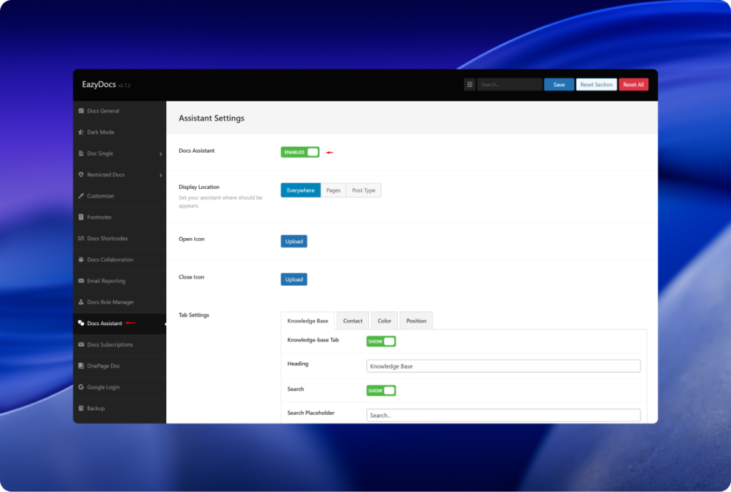 EazyDocs Docs Assistant settings for a WordPress help widget with display location, open and close icons and Knowledge Base tab options