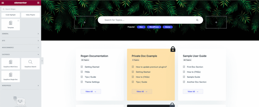 Elementor knowledge base landing page built with EazyDocs widgets, search banner and doc category boxes