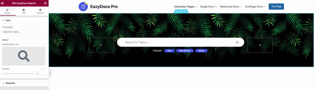 EazyDocs Search widget in the Elementor editor with a search banner, placeholder text and suggested keywords