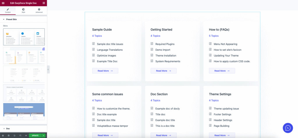 EazyDocs Single Doc Elementor widget showing one doc with its child articles in a grid layout