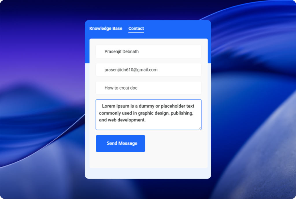 Contact tab of the EazyDocs floating help widget with name, email, subject and message fields