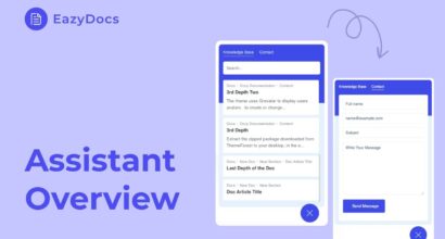WordPress help widget: official EazyDocs Doc Assistant feature overview video cover with Knowledge Base and Contact tabs