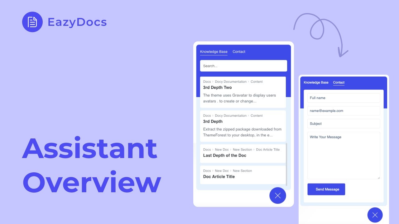 WordPress help widget: official EazyDocs Doc Assistant feature overview video cover with Knowledge Base and Contact tabs